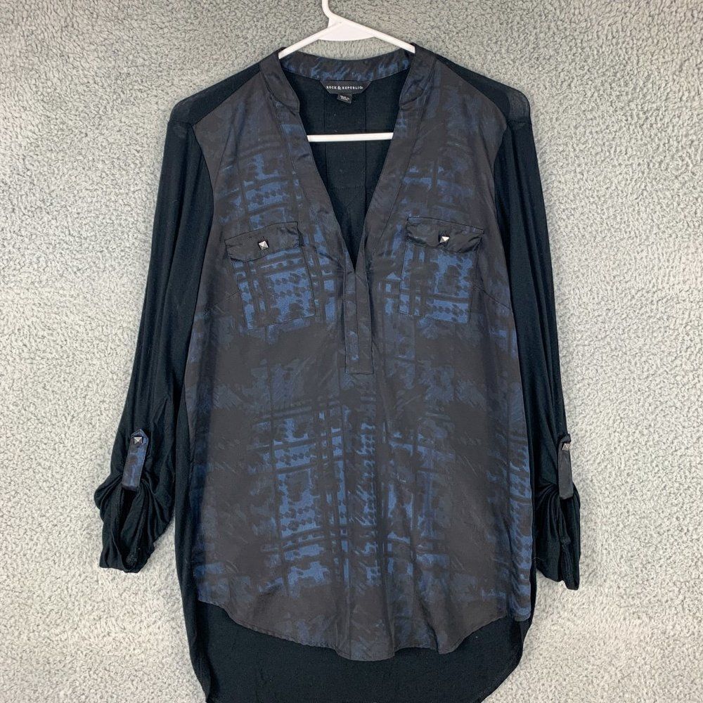Rock and Republic Tunic Shirt Womens Small Black‎ Blue Roll Tab Sleeves Casual